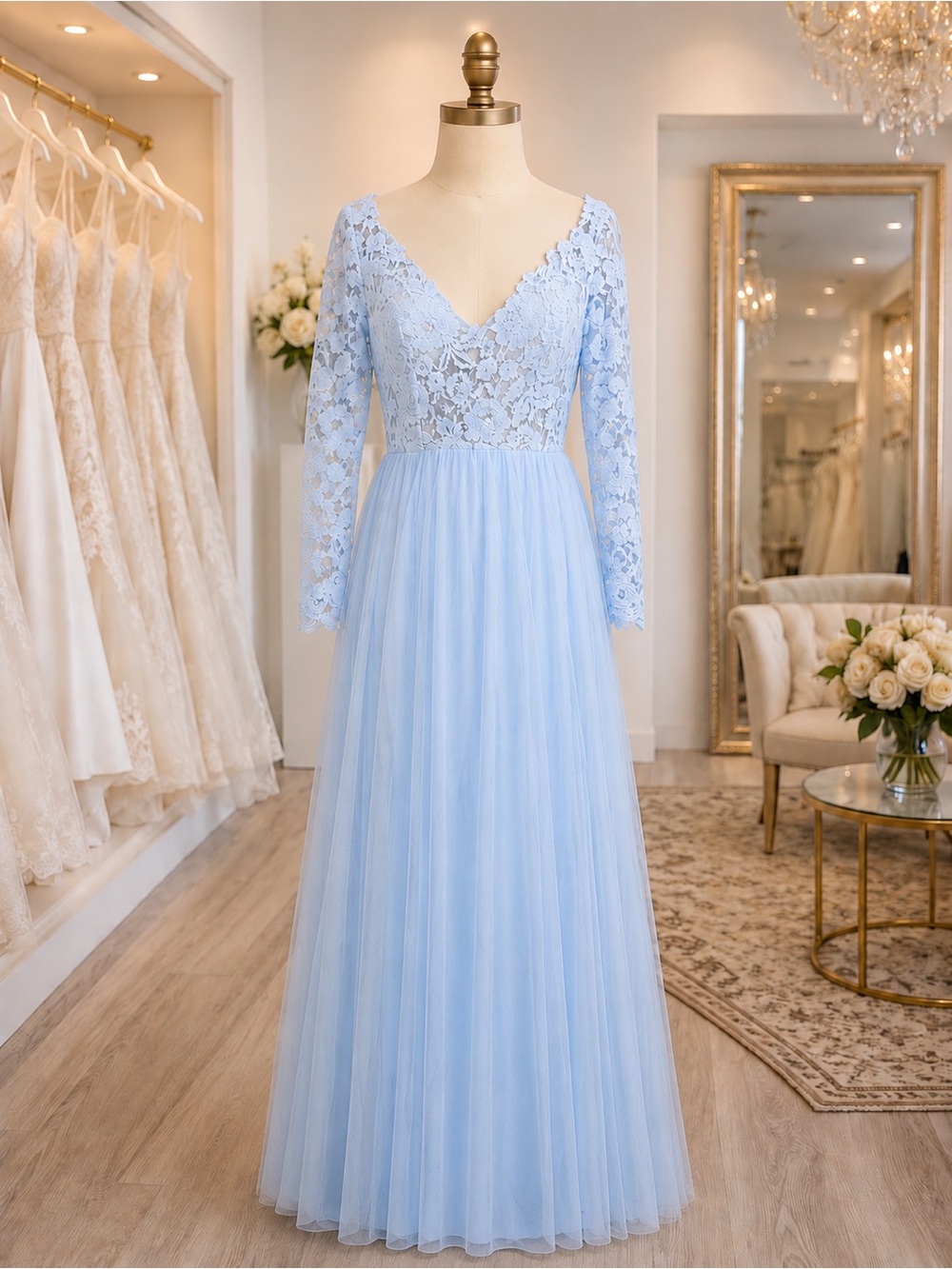 Elegant Cinderella Blue Lace & Tulle Long Sleeve Wedding Dress, Size 12